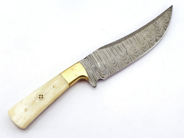 Damastmesser | Jagdmesser 267mm, Griff aus Kamelknochen, Handarbeit + Lederscheide