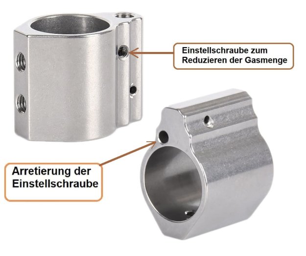 Verstellbarer Gasblock für Lauf Ø 0.750 Zoll (ca. 19mm) für alle AR-15, M4, M16 Systeme, Edelstahl