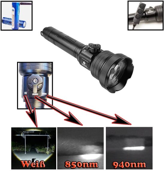 T28-IR fokussierbare Jagdlampe für Nachtsichtgeräte mit 3 LED: IR850-IR940-weiß + Akku + Fernschalter, Komplettset