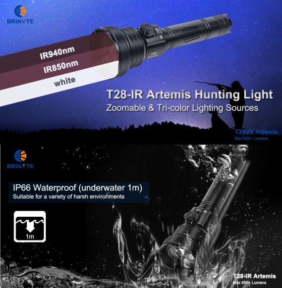 Fokussierbare Jagdlampe Artemis T28-IR von BRINYTE für Nachtsichtgeräte mit 3 LEDs IR850-IR940-weiß + Akku + Fernschalter im Komplettset