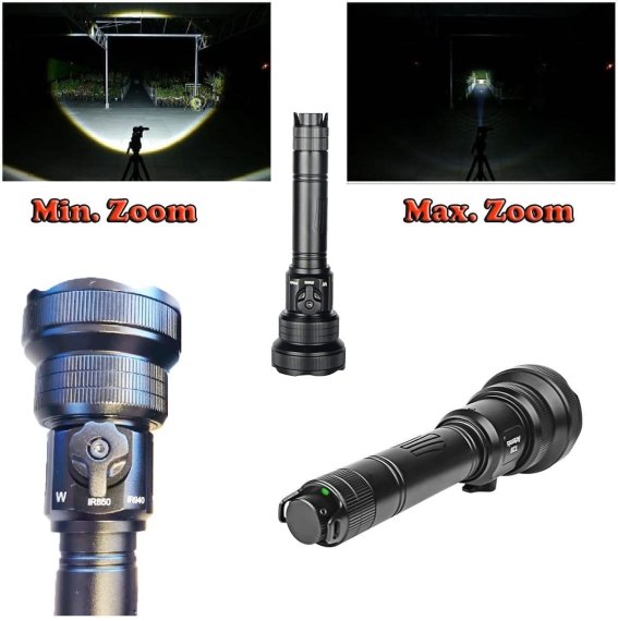 T28-IR fokussierbare Jagdlampe für Nachtsichtgeräte mit 3 LED: IR850-IR940-weiß + Akku + Fernschalter, Komplettset