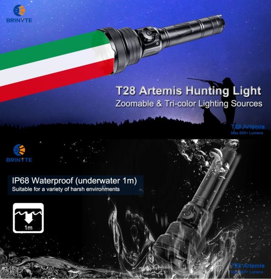 Fokussierbare Jagdlampe Artemis T28 von BRINYTE mit 3 LEDs + Akku + Fernschalter im Komplettset