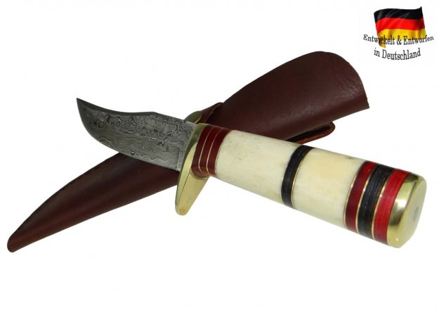 Damastmesser | Jagdmesser 230mm länge, Griff aus Kamelknochen und Pakkaholz