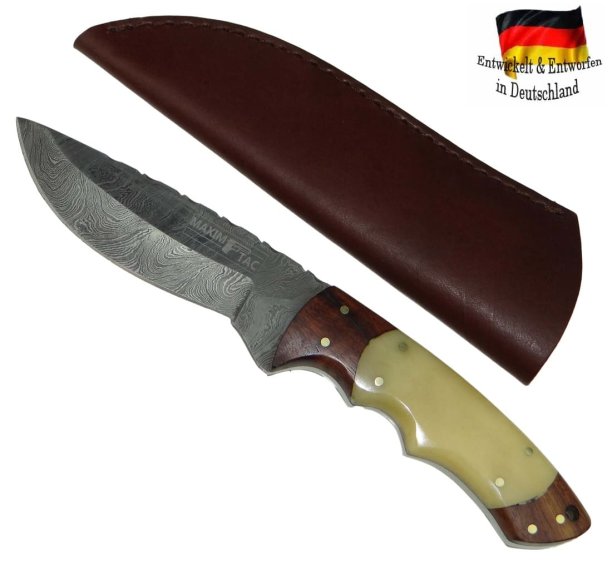 Damastmesser | Jagdmesser 235mm, Griff aus Palisanderholz + Kamelknochen, Handarbeit mit Lederscheide