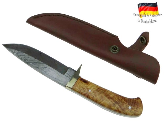 Damastmesser | Jagdmesser 213mm länge, Olivenholz-Griff Full-Tang Klinge + Lederscheide