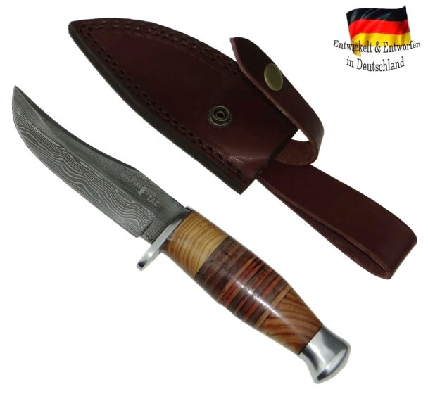 Damastmesser | Jagdmesser 235mm länge, Olivenholz in Lederband umwickelt