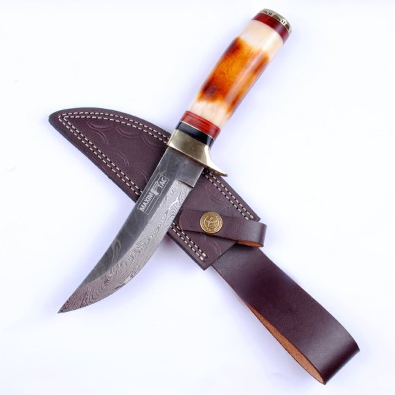 Damastmesser | Jagdmesser 250mm länge, Griff aus Kamelknochen