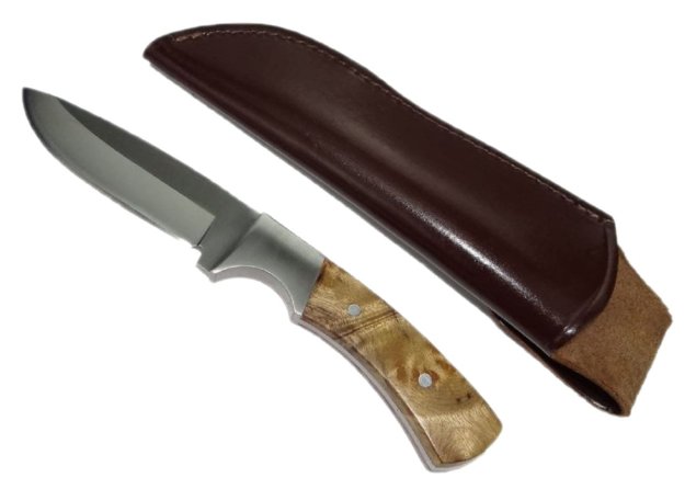 Jagdmesser mit feststehender Klinge, Wurzelholz-Griff, Lederholster
