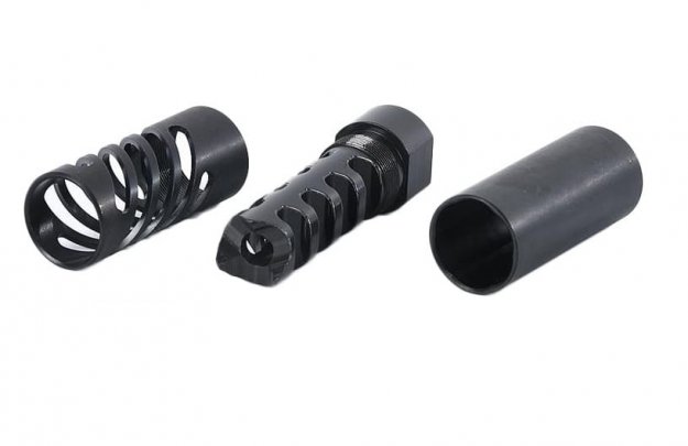 Mündungsbremse mit Sound-Redirect und Spiral-Adapter, M18 Gewinde für Kal .308 bis 8mm Ø