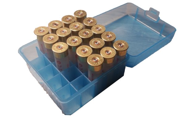 Munitionsbox Kaliber 12 + 20GA Slugs Flinten Scharnier Patronen Box für 25 Schuss