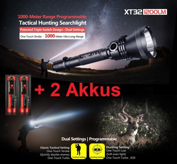 Taschenlampe XT32 von Klarus mit bis zu 1000 m Reichweite + 2 Akkus + Ladekabel