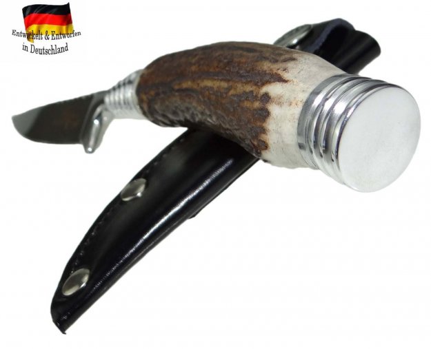 Trachtenmesser / Jagdnicker mit Hirschhorn-Griff, Lederscheide und 100mm Klingenlänge, Handarbeit