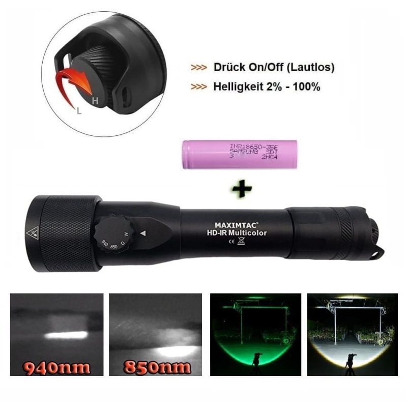 Maximtac HD-IR Multicolor - Taschenlampe für Nachtsichtgeräte 850nm + 940nm + Weiß + Grün / fokussierbar + dimmbar