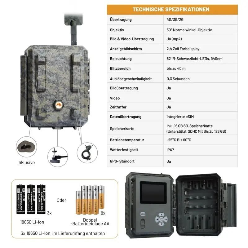Wildkamera ICUserver CLOM Cam6 mit 4G LTE inkl. 2000 Coins und drei 18650 Akkus