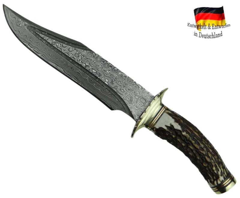 XL Damastmesser | Abfangmesser 290mm lang mit Hirschhorn-Griff + Lederholster
