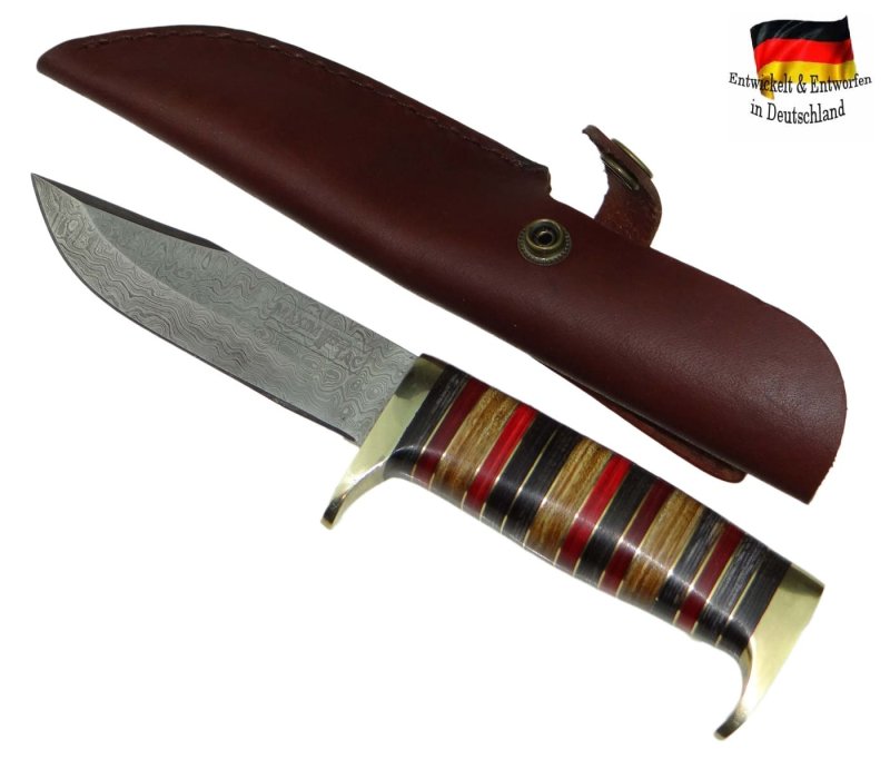 Damastmesser | Jagdmesser 230 mm Länge, einzigartiger Griff aus Pakkaholz- und Messingringen