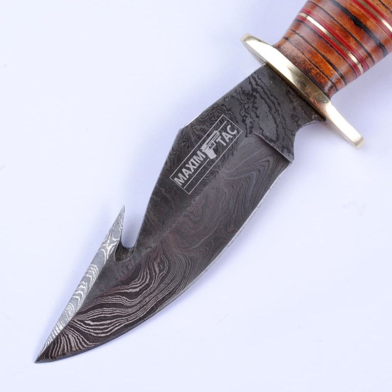Damastmesser | Jagdmesser 225mm länge, Lederband Griff Klinge mit Aufreißhaken