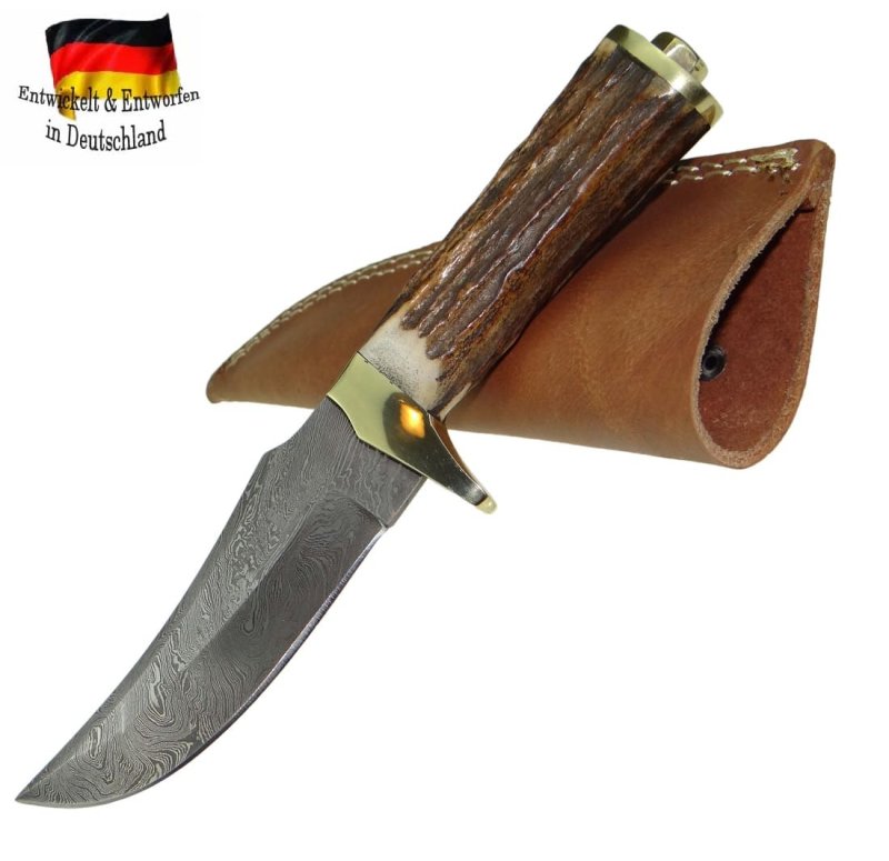 Damaszener Jagdmesser 235mm lang mit Hirschhorn-Griff + Lederholster