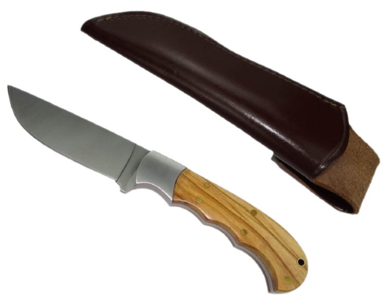 Jagdmesser, Olivenholz-Griffschalen, mit Lederholster, feststehende Klinge, mit Fangriemenöse