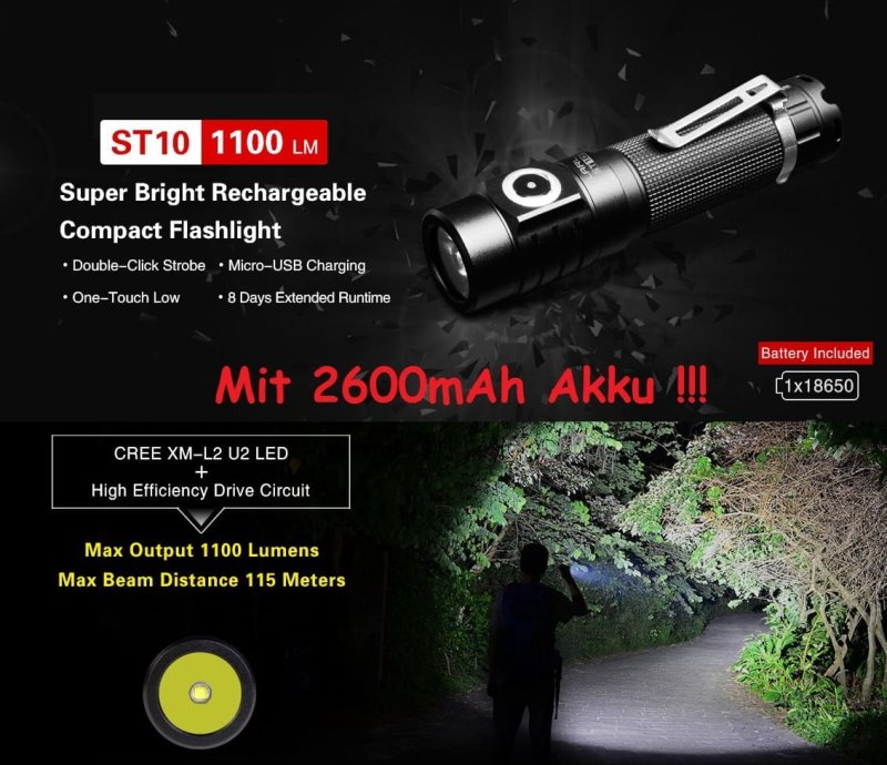 Klarus ST10 USB-Aufladbare Taschenlampe mit 1100 Lumen + Akku + Ladekabel