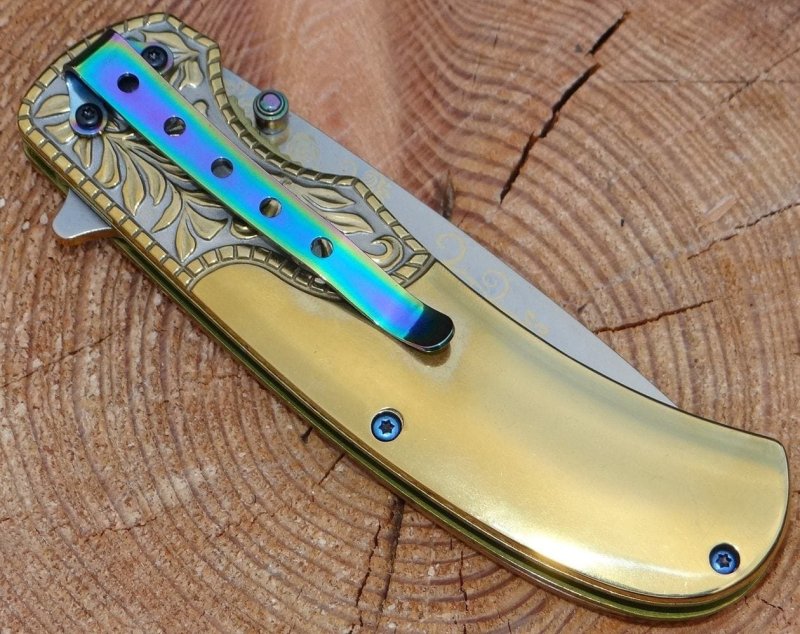 Taschenmesser-Klappmesser mit 89mm Klingenlänge Gold-Look mit Holz Griffschale